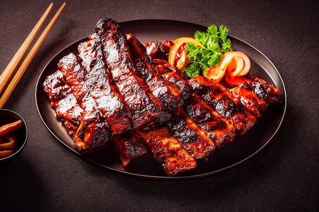 Closeup de costelas de porco grelhadas com molho de churrasco e caramelizadas em mel Costelas de porco grelhadas picantes servidas com molho de churrasco Um grande pedaço perfumado fumegante de peito bovino assado nas costelas