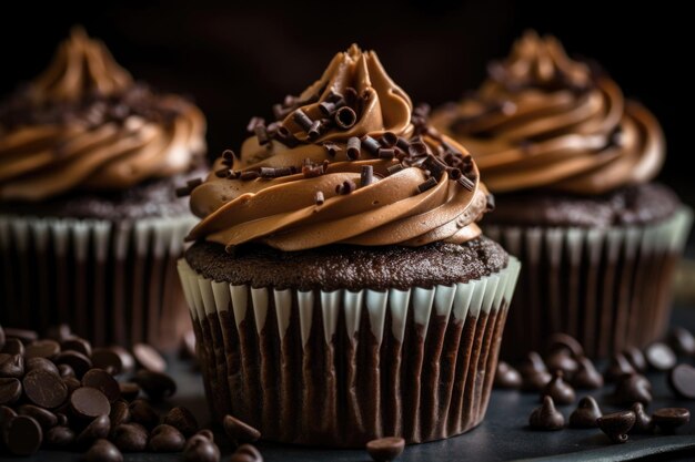 Closeup de cupcake de chocolate fosco com redemoinhos e mini pedaços de chocolate criados com generative ai