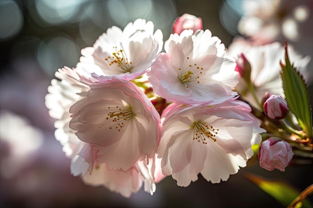 Closeup de delicadas pétalas de flor de cerejeira com luz solar brilhando através criado com generative ai