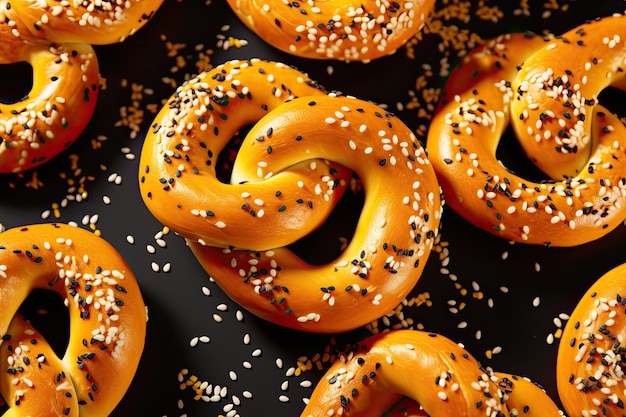 Closeup de deliciosos pretzels adornados com sementes de papoula contra um fundo vibrante