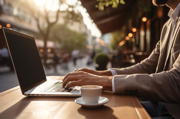 Closeup de digitação em laptop das mãos de um homem com IA generativa