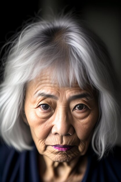 Closeup de elegância asiática retrato de uma mulher idosa de cabelos prateados abraçando a beleza da graciosa