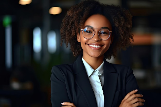 Closeup de empresária feliz olhando para a câmera e sorrindo no escritório Empreendedora afro-americana em mulher de negócios de escritórioGerado com IA