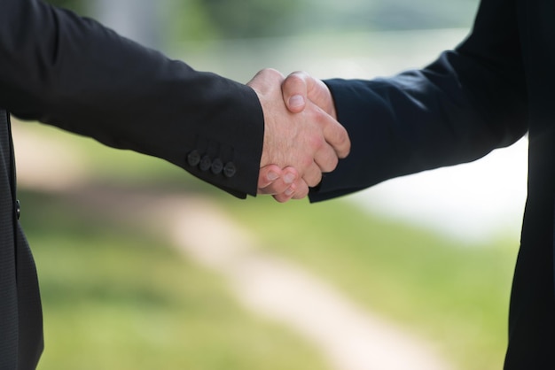 Closeup de empresários apertando as mãos em pé ao ar livre no parque