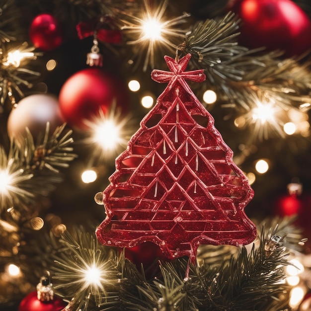 CloseUP de enfeites vermelhos de árvore de Natal contra um fundo de luzes desfocadas