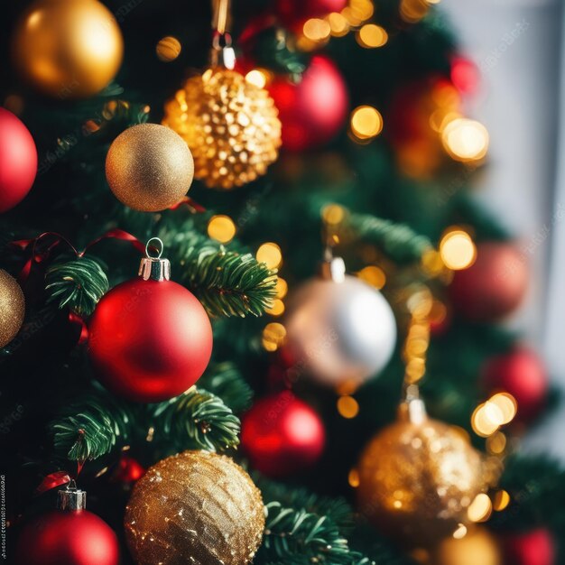 Foto closeup de enfeites vermelhos e dourados de árvore de natal contra um fundo de luzes desfocadas