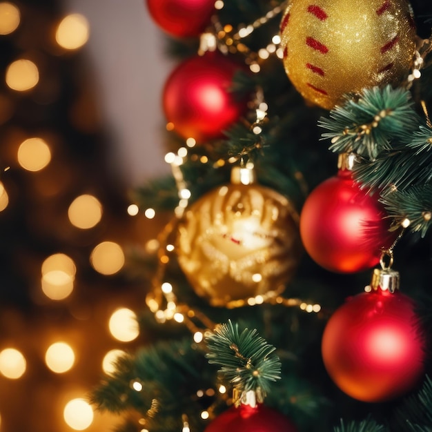 Foto closeup de enfeites vermelhos e dourados de árvore de natal contra um fundo de luzes desfocadas