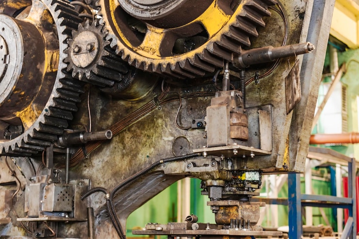Foto closeup de engrenagem da máquina reparação e manutenção de equipamentos de produção lubrificação de engrenagens em gelatina para corte de metal potente máquina de metalurgia