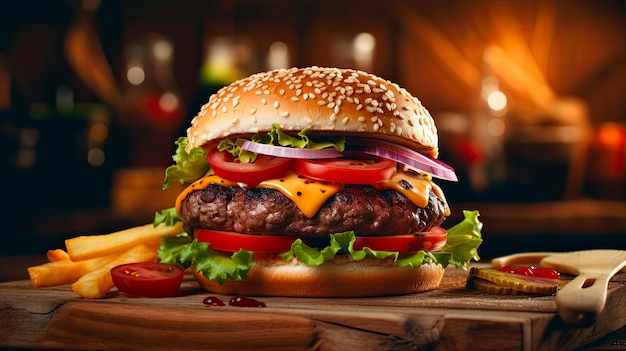 CloseUp de Epicurean Beef Burger com batatas fritas em uma mesa de madeira rústica Deliciosa e fast food para