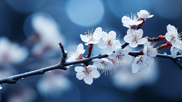 Closeup de flocos de neve caindo em flores de cerejeira durante a primavera