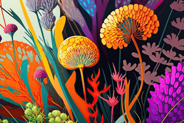 Closeup de flores do prado, incluindo cores vibrantes e formas únicas criadas com generative ai
