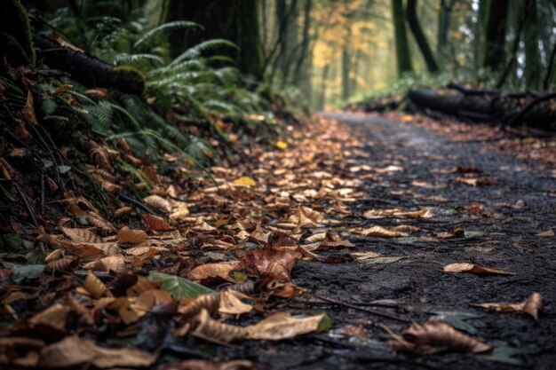 Closeup de folhas caídas em uma estrada florestal criada com generative ai