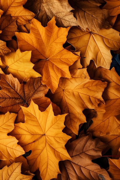 Foto closeup de folhas caídas fotorrealistas do conceito de temporada de outono criado com ia generativa