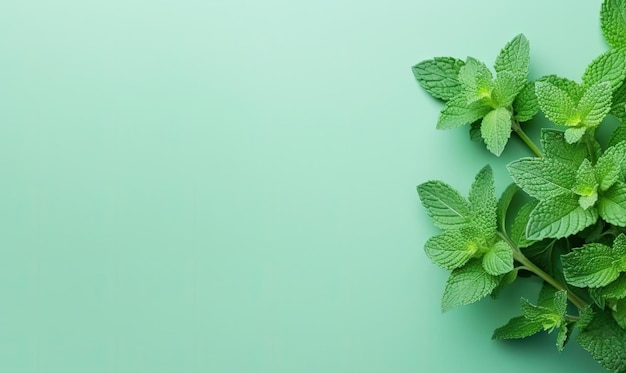 Closeup de folhas de hortelã fresca em um fundo verde pastel Criado com ferramentas generativas de IA