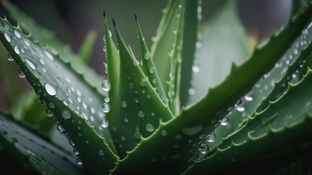 Closeup de folhas de plantas tropicais de aloe com gotas de chuva Cenário natural verde Generative AI