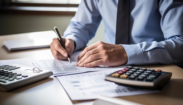 Foto closeup de foto de economista usando calculadora ao passar por contas e impostos no escritório