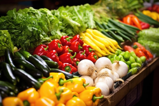 Closeup de frutas e legumes orgânicos em um mercado