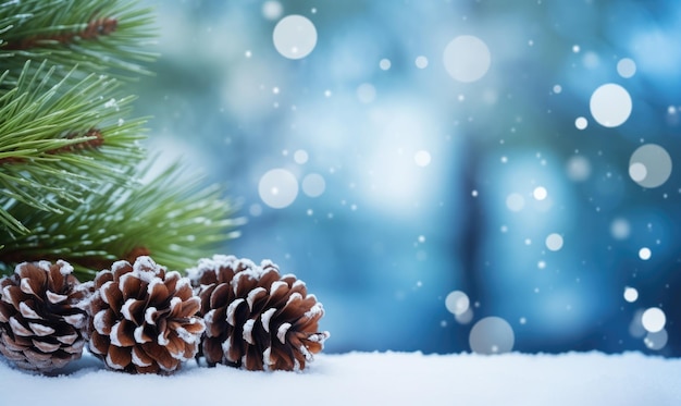 Closeup de galho de pinheiro com pinhas e neve desfocado fundo desfocado com neve e flocos de neve cartão de felicitações de férias de inverno de Natal