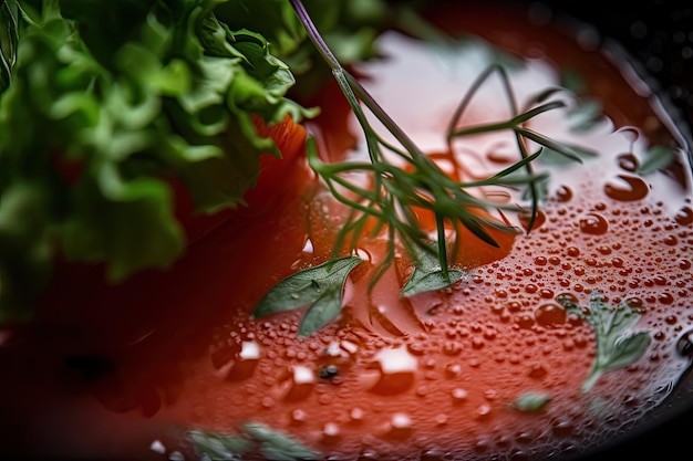 Closeup de gaspacho com gotas de suco e ervas visíveis criadas com generative ai