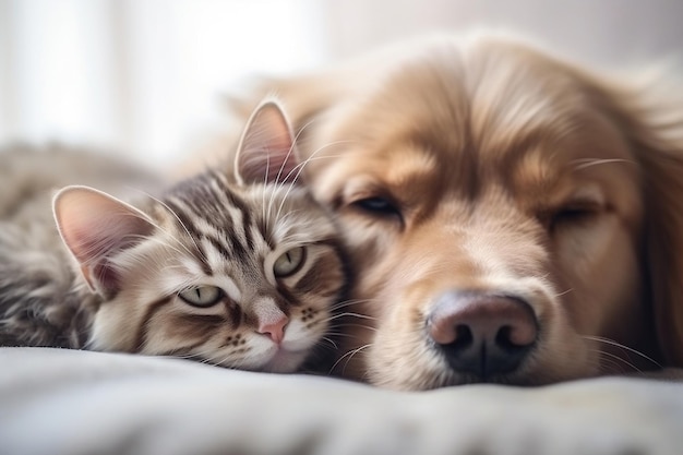 CloseUp de gato e cachorro deitados juntos Amizade animal Ilustração isolada em fundo transparente IA generativa