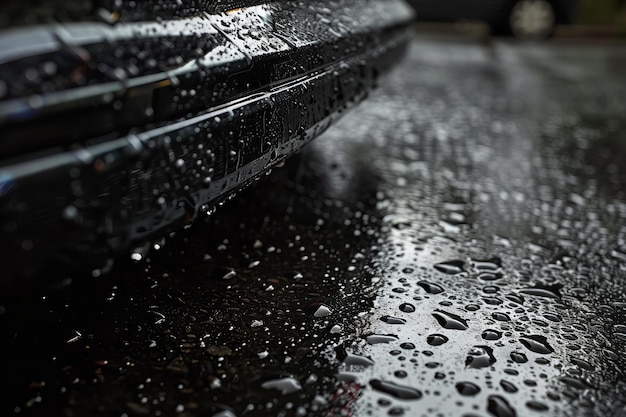 CloseUp de gotículas de água em um carro preto na chuva