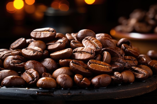 Closeup de grãos de café sobre a mesa sob espaço de luz suave e quente para texto