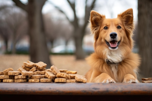 Closeup de guloseimas para cães no banco do parque