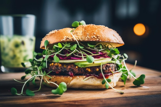 Closeup de hambúrguer vegetariano com microgreens em cima da mesa