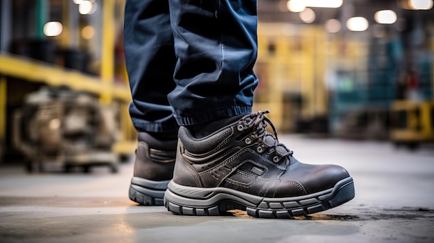 CloseUp de Homens39s pernas em botas de trabalho em instalações industriais Conceito de uniforme confortável