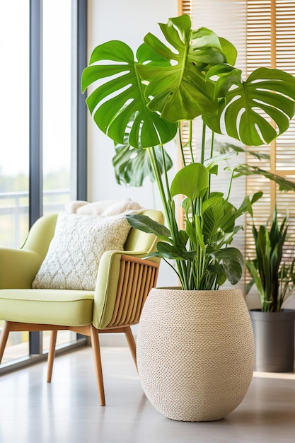 closeup de imagem vertical de uma planta tropical verde em um interior moderno com uma poltrona
