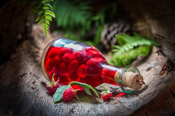 Foto closeup de licor de framboesas feito de frutas e álcool