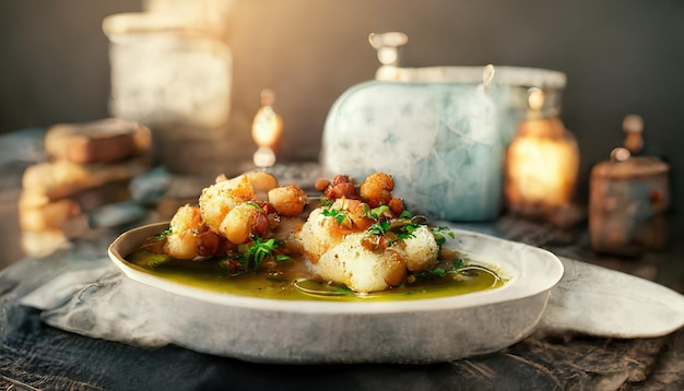 Closeup de lombo de bacalhau frito com batatas assadas vegetais e tomate cereja na mesa de madeira