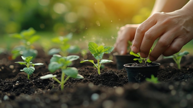 CloseUp de mãos de agricultores plantando mudas em vasos gerados por IA