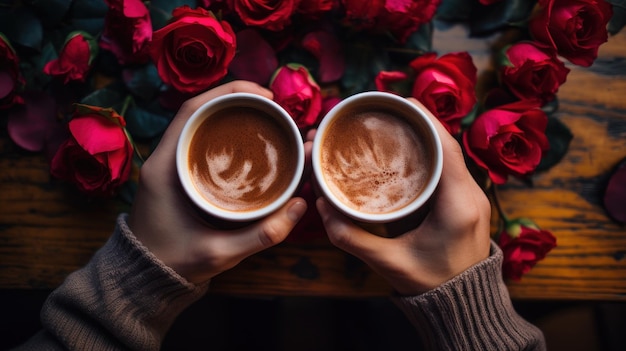 Closeup de mãos de casal bebendo café do Dia dos Namorados gerado por IA