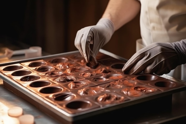 Foto closeup de mãos de chocolatiers misturando ingredientes e preparando molde para barra de chocolate