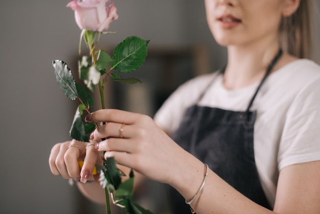 Closeup de mãos de florista vestindo avental podando rosa fresca na mesa sobre fundo branco