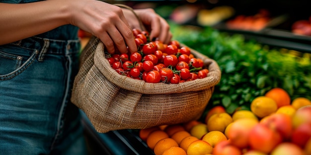 CloseUp de mãos embalando legumes em um saco reutilizável