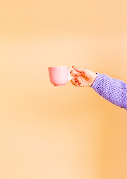 Foto closeup de mãos femininas segurando uma xícara rosa claro. menina com lindas unhas. segurando uma xícara de chá ou café. foto de estúdio. foto para recortar. vazio.