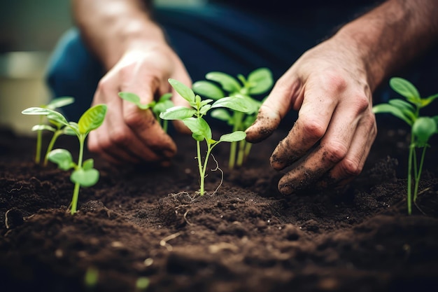 Closeup de mãos plantando mudas em IA generativa de horta