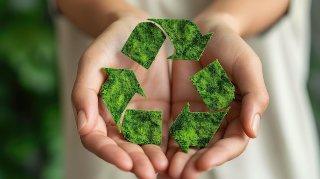 Foto closeup de mãos segurando um símbolo de reciclagem verde vibrante, promovendo a consciência ambiental e a redução de resíduos