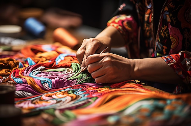 Closeup de mãos trabalhando em bordado tradicional chinês