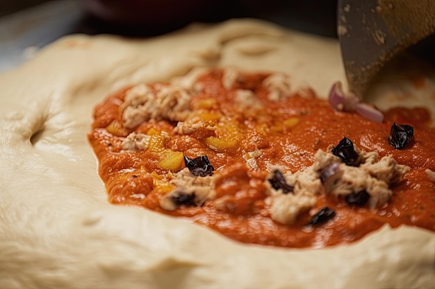 Closeup de massa de pizza com coberturas e molho visível criado com generative ai