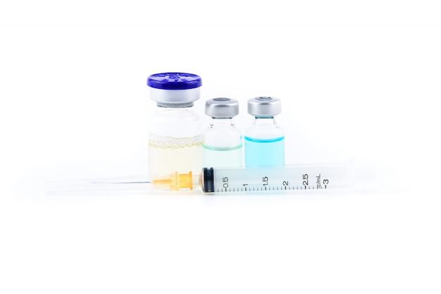 Closeup, de, medicina, injeção, garrafa, gripe, ou, vacina sarampo, dose frasco, e, siringa
