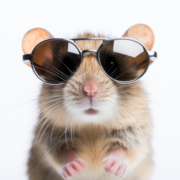 Closeup de mouse com óculos de sol em fundo branco