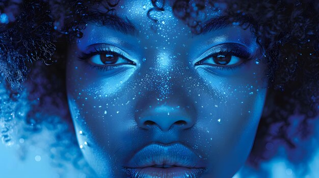Foto closeup de mulher com maquiagem azul ai gerativa