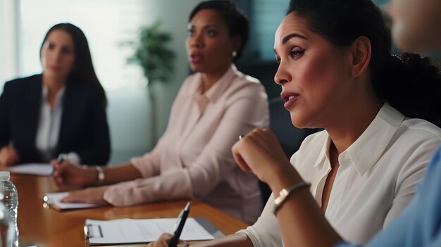 Foto closeup de mulher em reunião de negócios em artificial intelligence gerativa de escritório