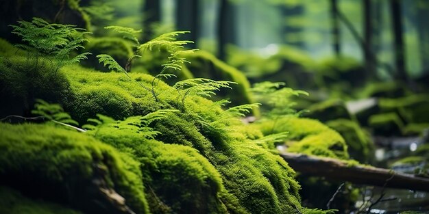 Closeup de musgo verde com um pano de fundo da floresta no parque nacional