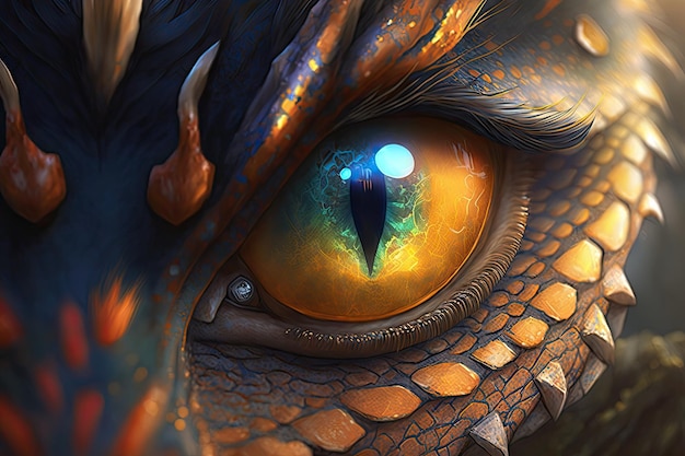 Closeup de olhos de dragões bonitos com seus poderes mágicos e habilidades visíveis