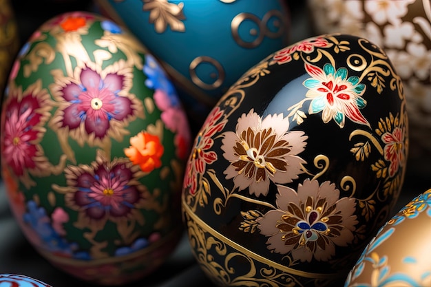 Closeup de ovos pintados com padrões florais ovos de páscoa para a celebração da páscoa Generative AI Spring concept Ovos de Páscoa cor iridescente brilhante e perolado