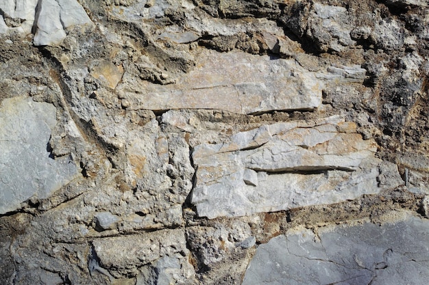 Closeup de parede de pedra antiga fundo de construção rural rústica e alvenaria conceito de design de habitação histórica de uma estrutura urbana fora com copyspace detalhe da arquitetura antiga na aldeia